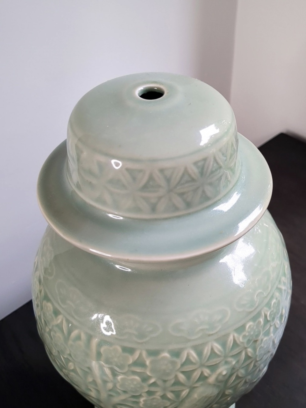 Wildwood Home Celadon Glazed Ginger Jar Lamp Base w/ Floral Fauna Engraving - Picture 7 of 13